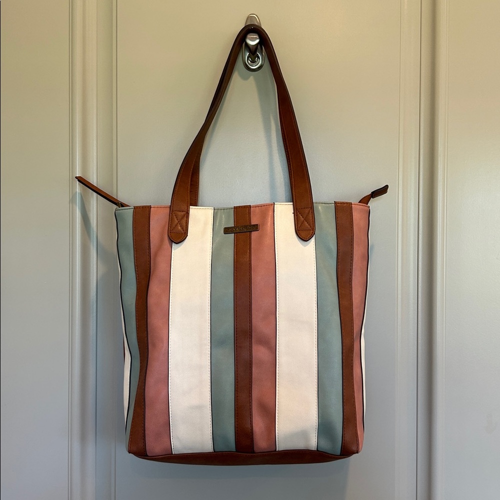 FRYE AND CO. Multicolor Striped Leather Tote - Brown, White, Pink, Blue